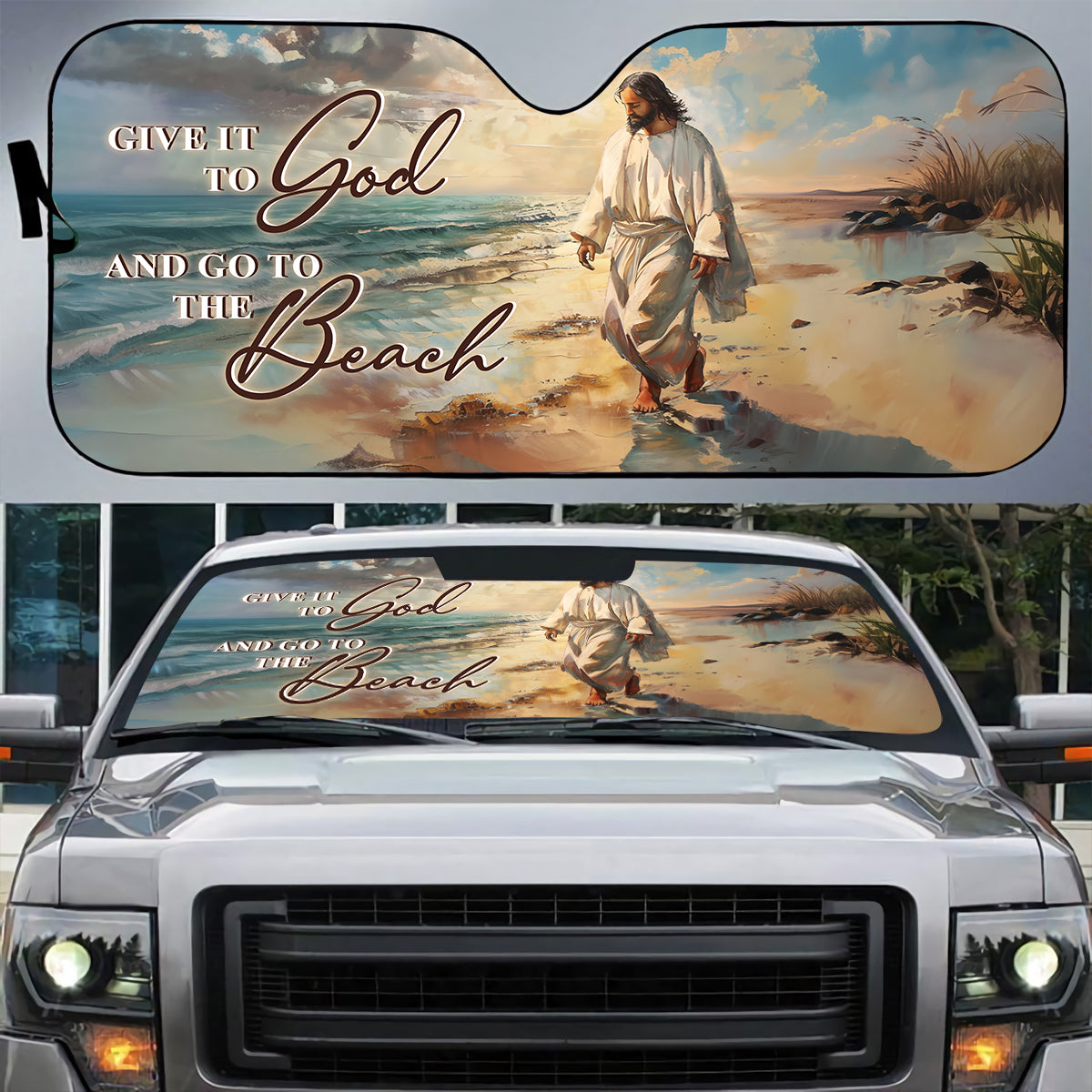 Teesdily | Jesus Beach Car Windshield Sun Shade, Give It To God And Go To The Beach Car Window Sunshade, Christian Religious Folding Sun Shade