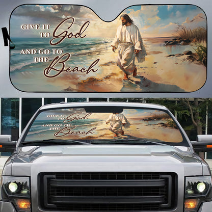 Teesdily | Jesus Beach Car Windshield Sun Shade, Give It To God And Go To The Beach Car Window Sunshade, Christian Religious Folding Sun Shade