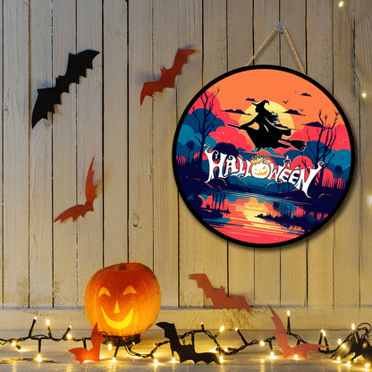 Teesdily | Witch Magical Halloween Sunrise Wood Sign Halloween Trick Or Treat Home Decoration Witch Lovers Gift Porch Decor