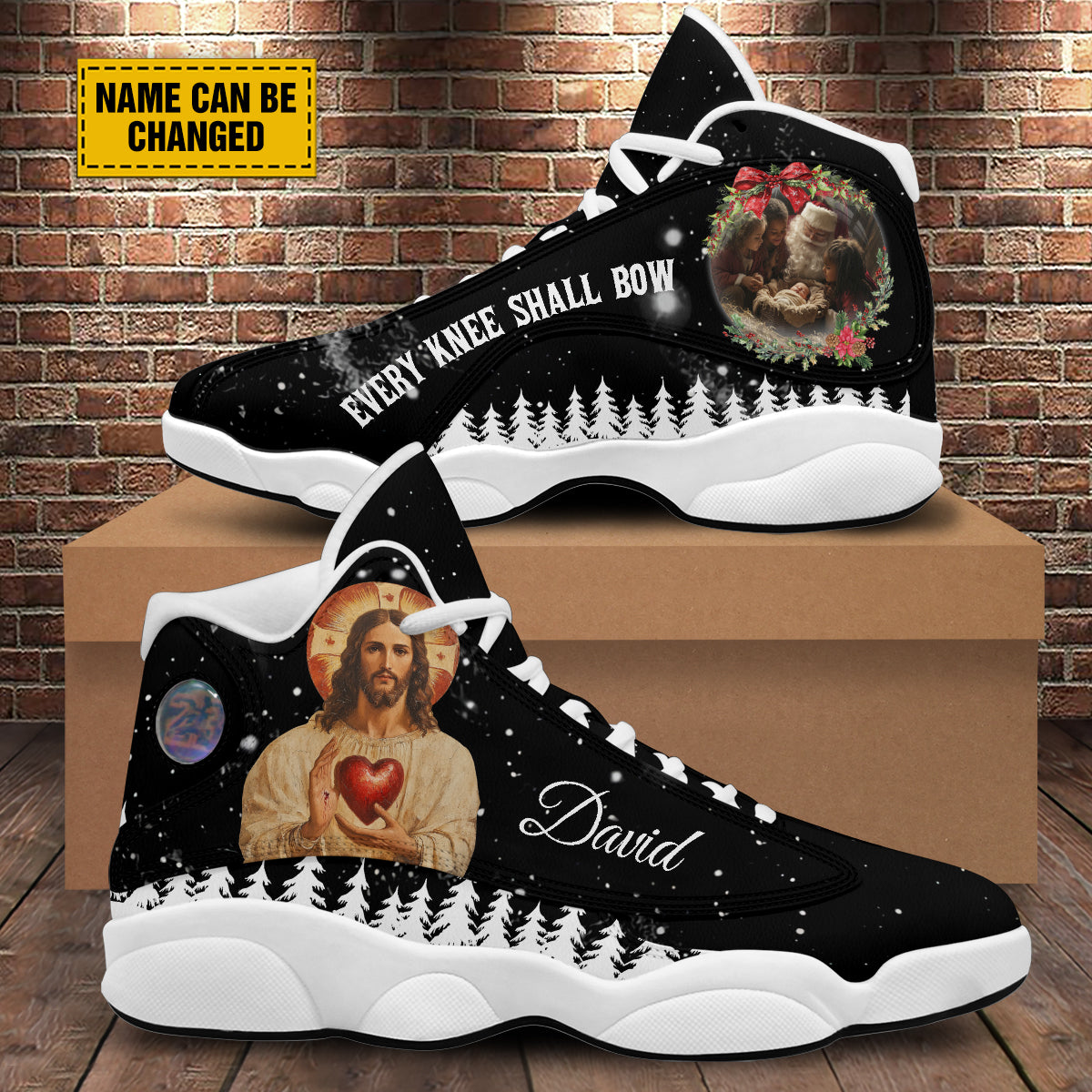 Teesdily | Personalized Every Knee Shall Bow Basketball Shoes, Santa Claus Baby Jesus Running Shoes, Christmas Jesus Christ Shoes