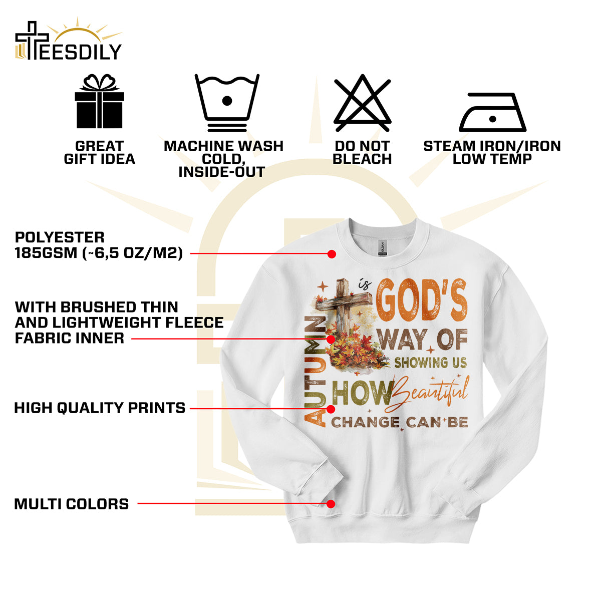 Teesdily | Jesus Cross Shirt, Autumn Is God's Way Of Showing Us How Beautiful Change Can Be Sweatshirt Hoodie Mug, Cross Leaves Fall Christian Gift