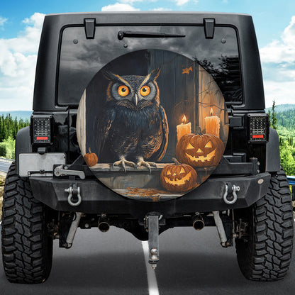 Teesdily | Owl Pumpkin Halloween Spare Tire Cover, Halloween Pumpkin Candles Truck Wheel Cover, Owl Lover Gift, Car Decoration Halloween Gifts