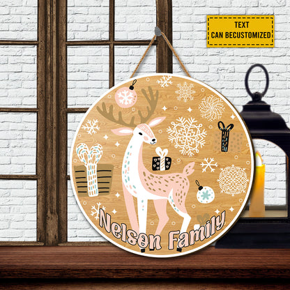 Teesdily | Customized Cute Merry Christmas Reindeer Round Wood Sign Xmas Pattern  Wood Sign Dorm Welcome Sign Christmas Decoration