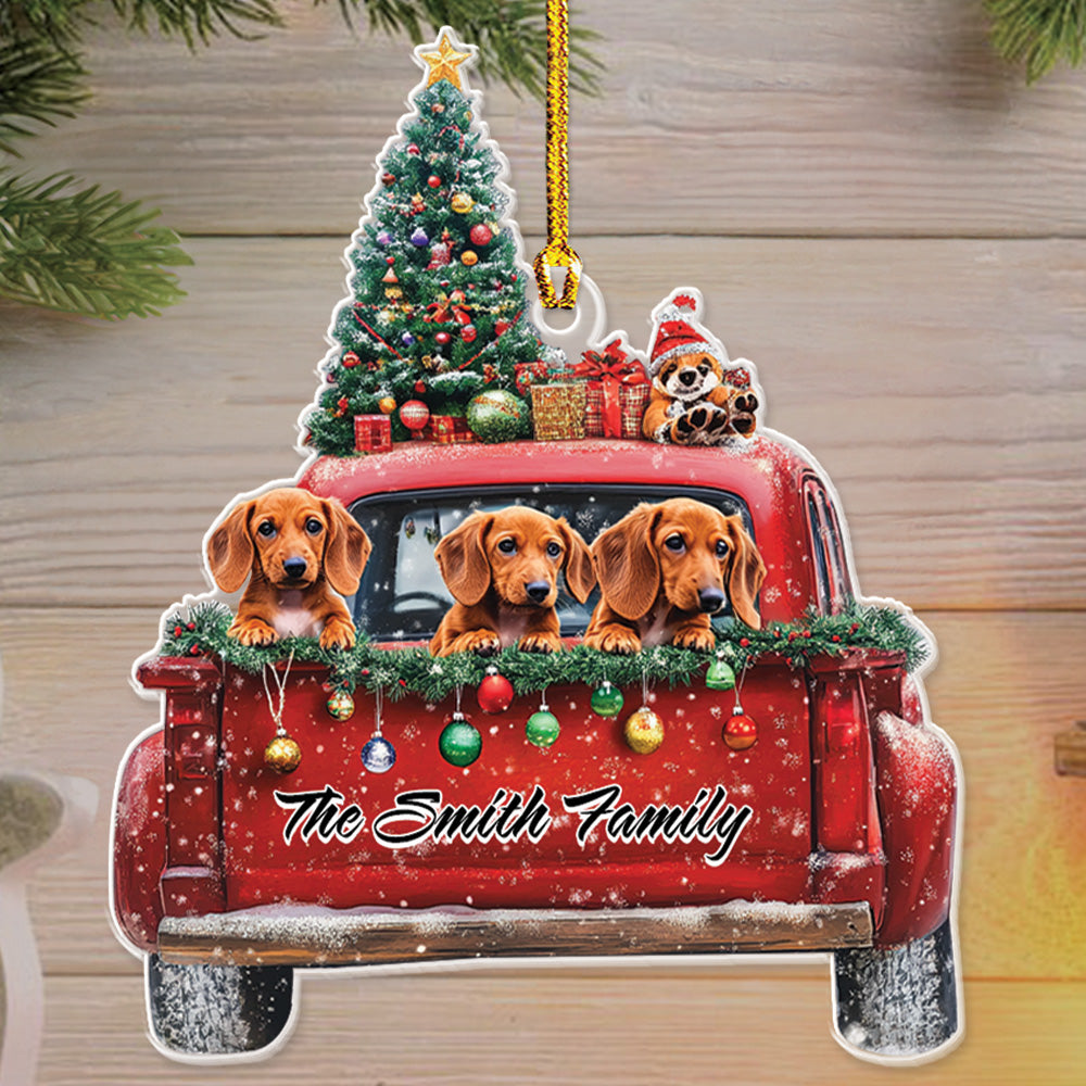 Teesdily | Customized Dachshund Mountain On Red Truck Christmas Ornament, Christmas Dog 2D Ornament, Dog Mom Pet Christmas Gift