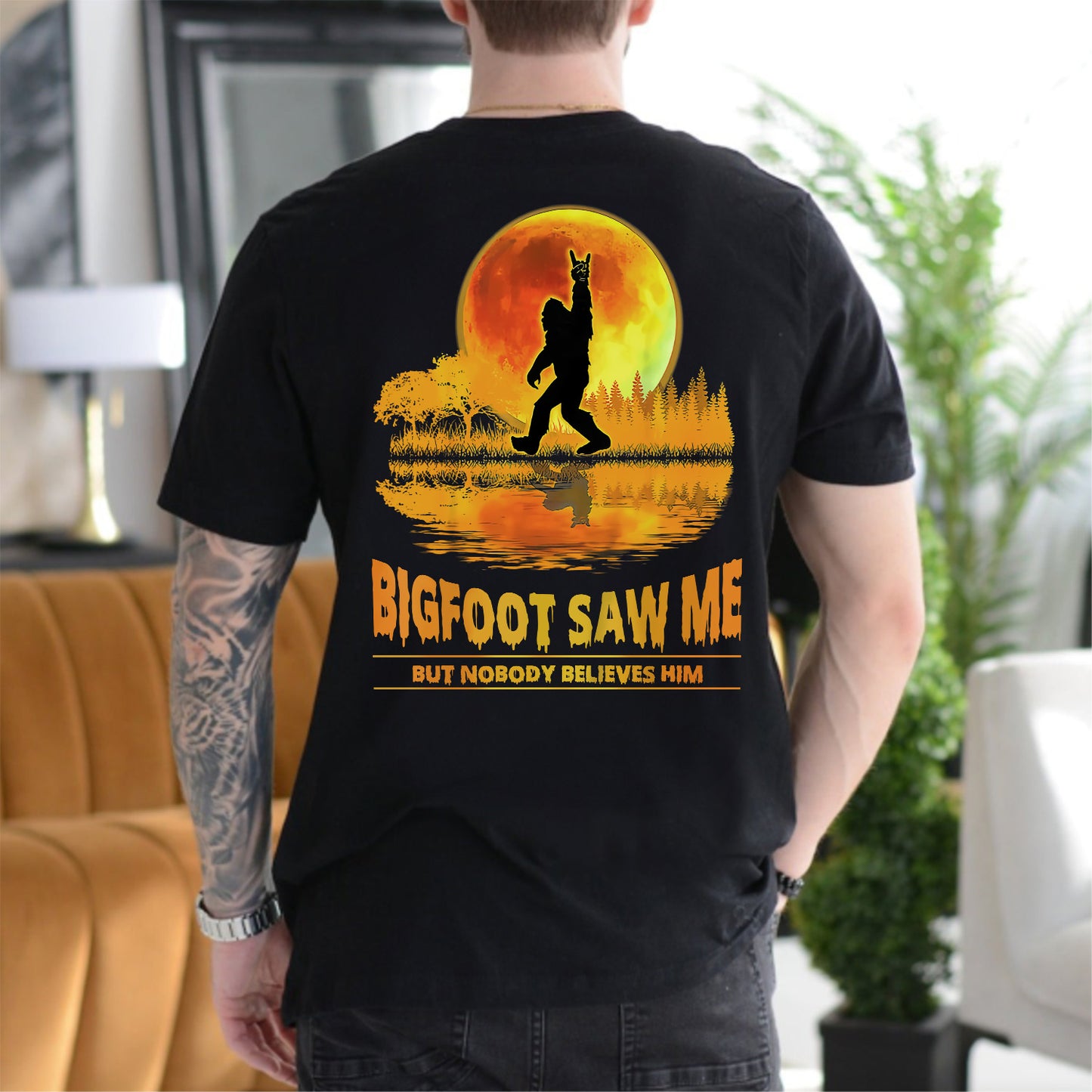 Teesdily | Bigfoot Moon Art Shirt, Bigfoot Saw Me But Nobody Believes Him Tee Sweatshirt Hoodie Mug, Funny Shirt, Bigfoot Believers Gifts