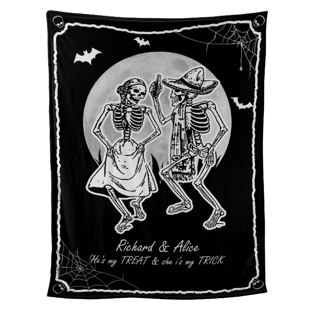 Teesdily | Gothic Skeleton Blanket Personalized Halloween Couple Dancing Sofa Blanket He's My Treat And She Is My Trick Funny Halloween Gifts For Lover