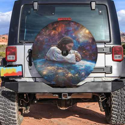 Teesdily | Jesus Earth Spare Tire Cover, Jesus Saves Earth Camper Wheel Cover, God Believer Gifts, Religious Spare Tire Cover 27"-34"