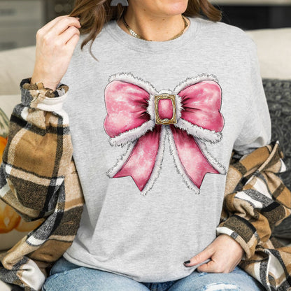 Teesdily | Pink Bow Christmas Shirt, Christmas Coquette Sweatshirt, Pink Coquette Bow Santa Hoodie Mug, Matching Family Gift