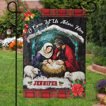 Teesdily | Customized Jesus Nativity Christmas Garden Flag, O Come Let Us Adore Him House Flag, Jesus Birth Gift, Xmas Gift