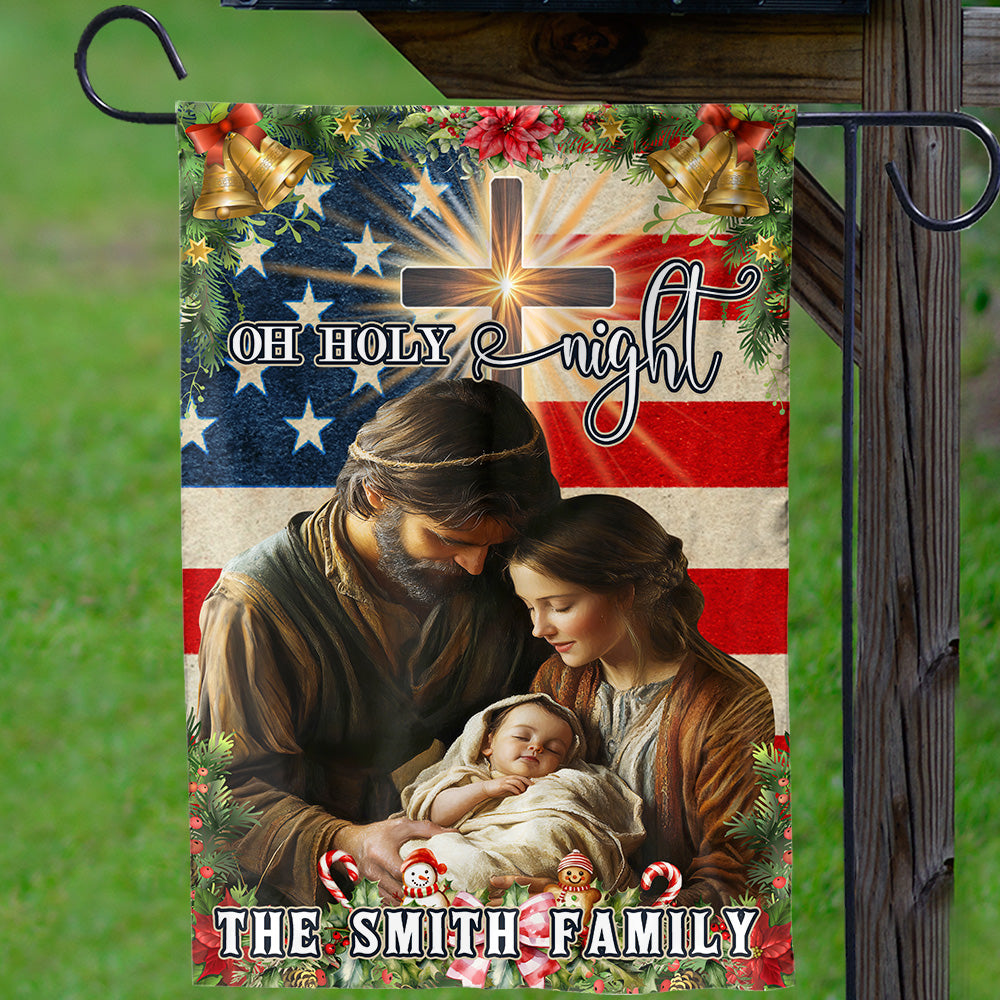 Teesdily | Customized Nativity Of Jesus Holy Family American Flag House, Oh Holy Night Christmas Garden Flag Decoration Yard