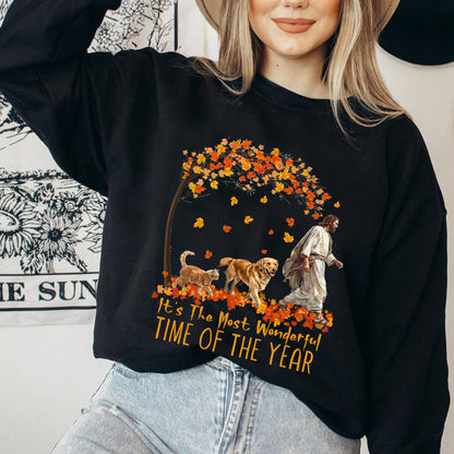 Teesdily | Jesus Golden Retriever Cat Shirt, It's The Most Wonderful Time Of The Year Sweatshirt Hoodie Mug, Halloween Shirt, Dog Cat Lover Gift