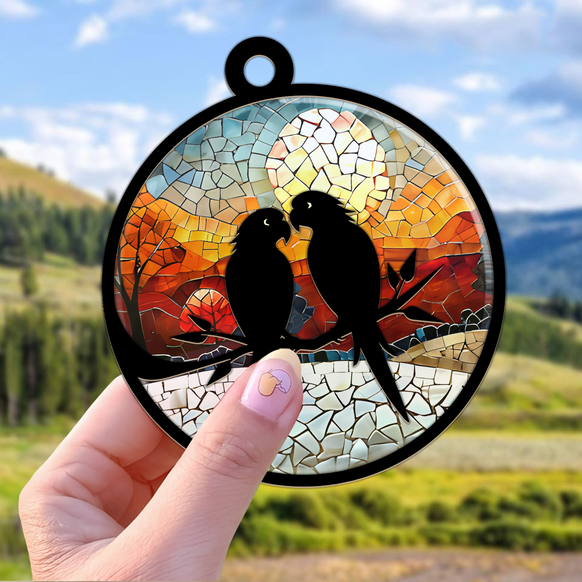 Teesdily | Winter Forest Suncatcher Ornament, Couple Birds Suncatcher Home Decor, Christmas Window Hanging Ornament, Gift For Holiday