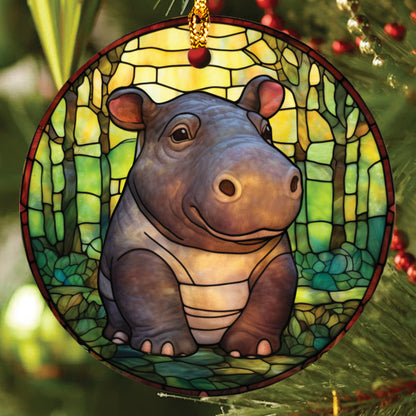 Teesdily | Stained Glass Art Hippo Ceramic Ornament, Hippopotamus Christmas Ornament, Xmas Gift Ornament, Cute Baby Hippo Gift