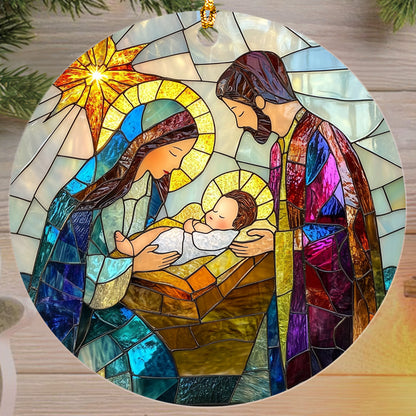 Teesdily | Holy Family Stained Glass Print Christmas Ornament, Jesus Nativity Ornament 2D, Religious Christian Scene Ornament Gift