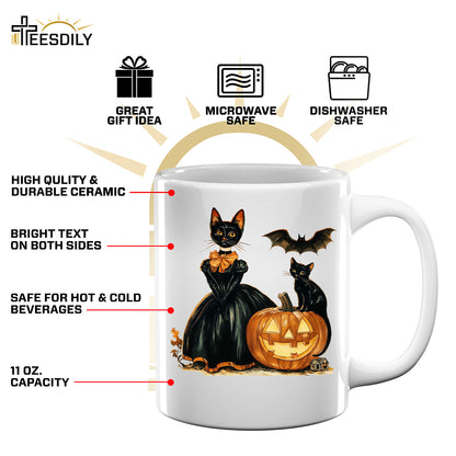 Teesdily | Cat Witch Halloween Shirt, Retro Halloween Pumpkin Sweatshirt, Black Cat Spooky Season Hoodie Mug, Cat Lover Gift