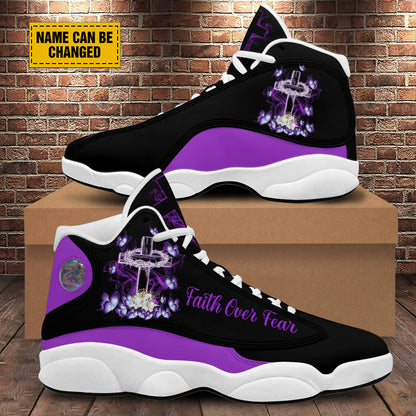 Teesdily | Customized Purple Jesus Cross Butterfly Basketball Shoes, Faith Over Fear Christian Running Shoes Christmas Gift