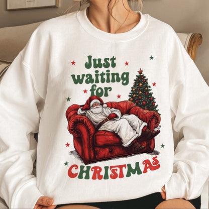 Teesdily | Just Waiting For Christmas Shirt, Santa Sofa Christmas Lights Tee 2024, Santa Claus Sweatshirt Hoodie Mug, Holiday Gift