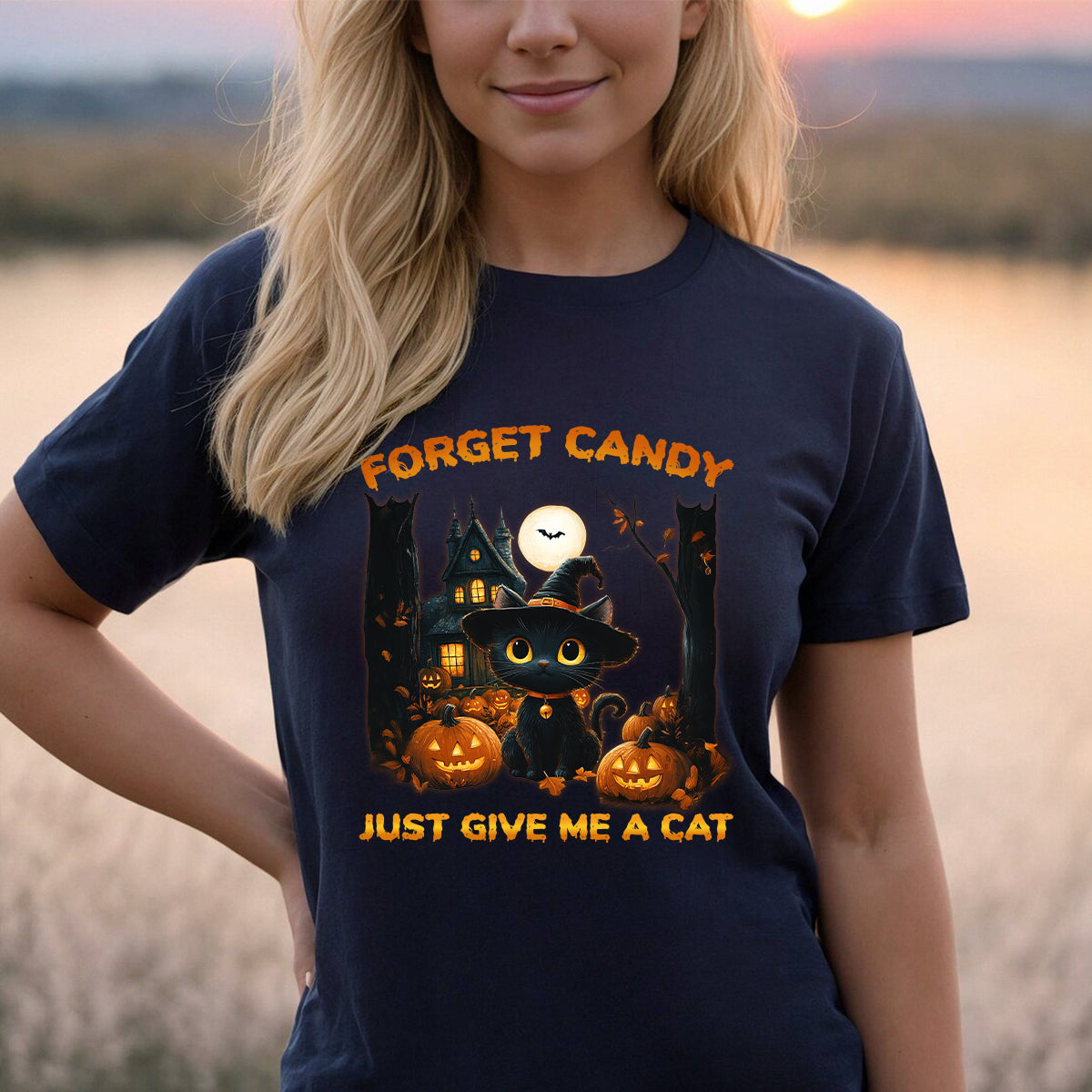 Teesdily | Halloween Cute Cat Shirt, Forget Candy Just Give Me A Cat Tee Sweatshirt Hoodie Mug, Halloween Cat Lovers Gifts, Cat Halloween Moon Shirt