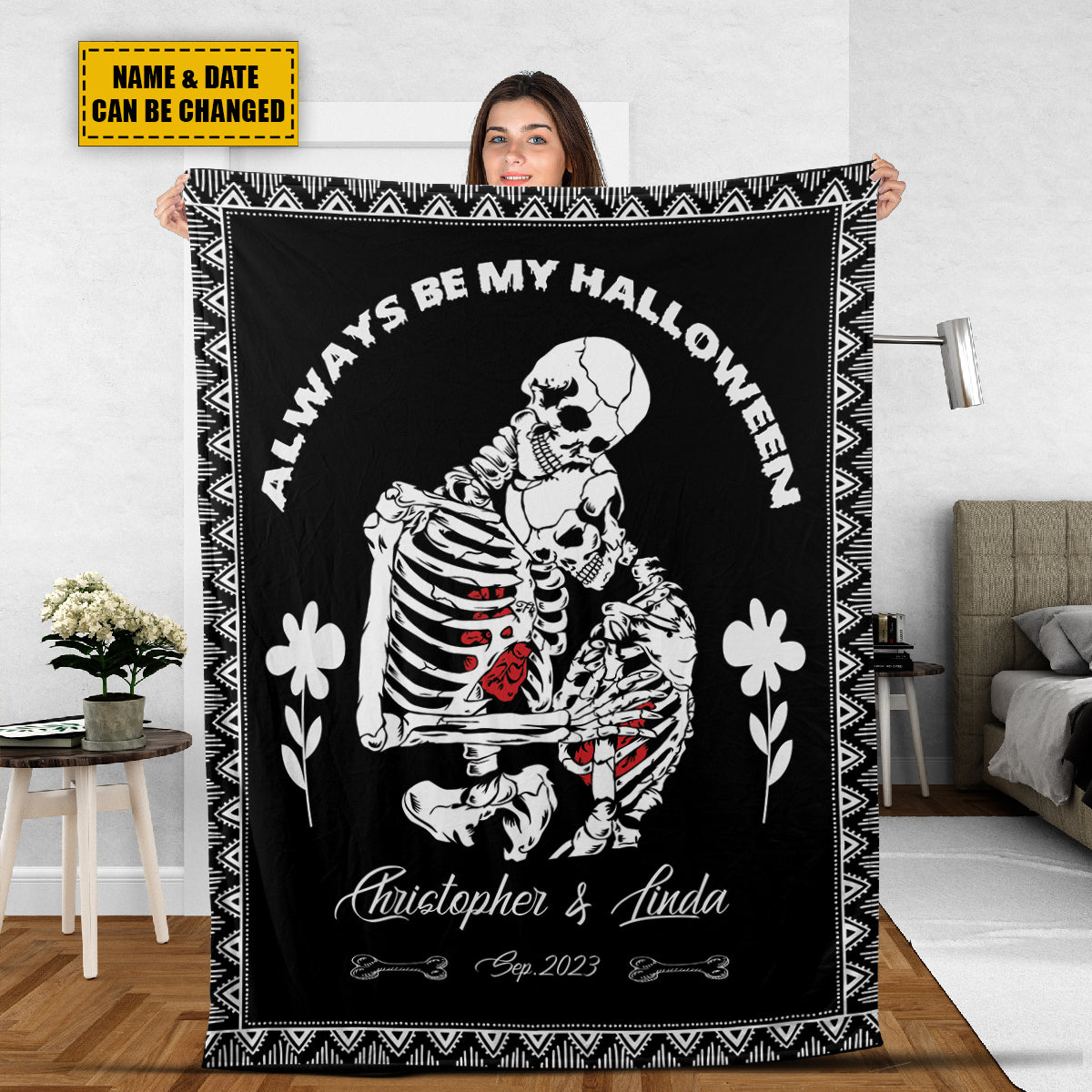 Teesdily | Skeleton Couple Custom Name Blanket Skeleton Halloween Throw Blankets Customized Commemorate Date Blanket Spooky Skull Decor Custom Gifts