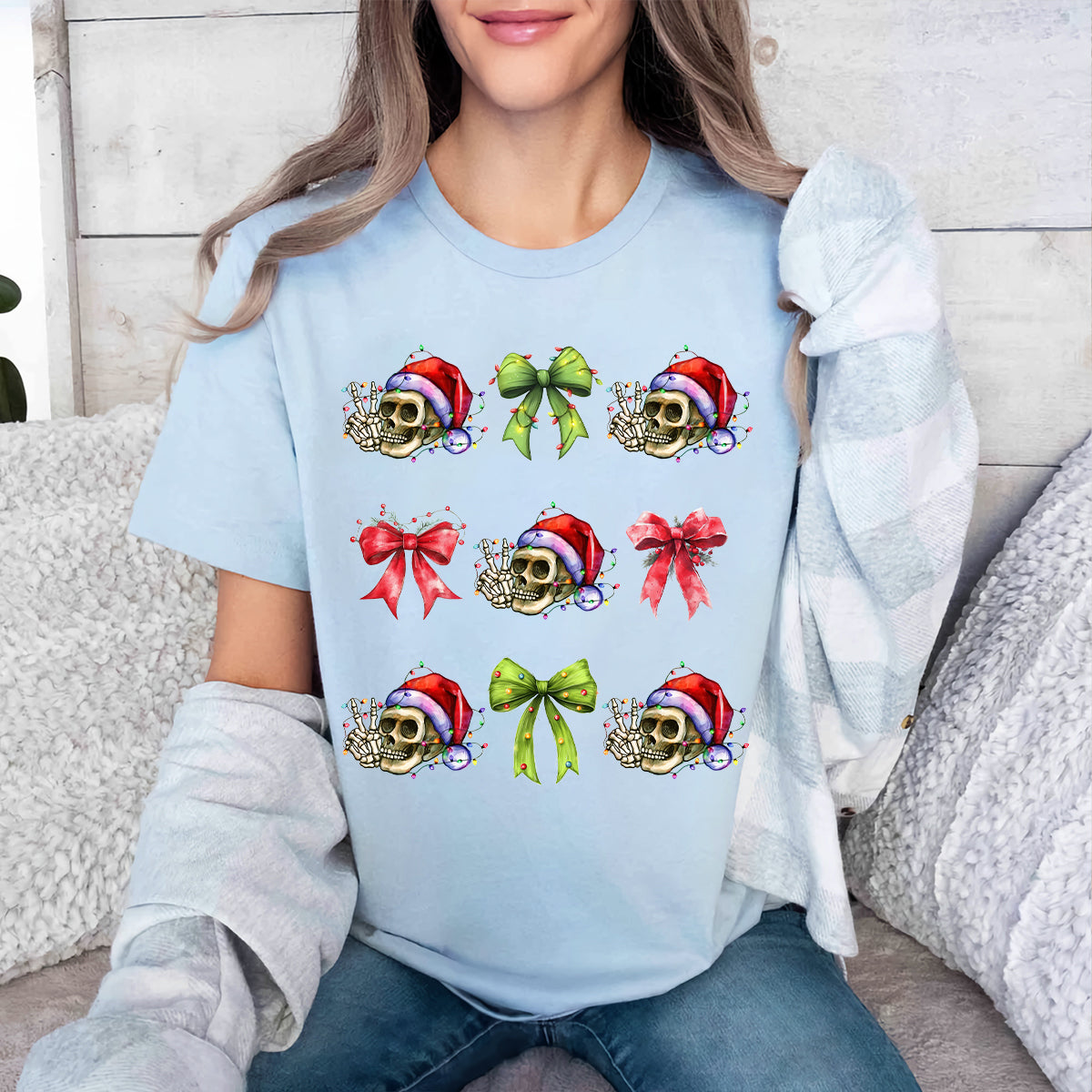 Teesdily | Christmas Coquette Skeleton Bow Shirt, Coquette Bow Skeleton Halloween Sweatshirt, Christmas Light Hoodie Mug Tee