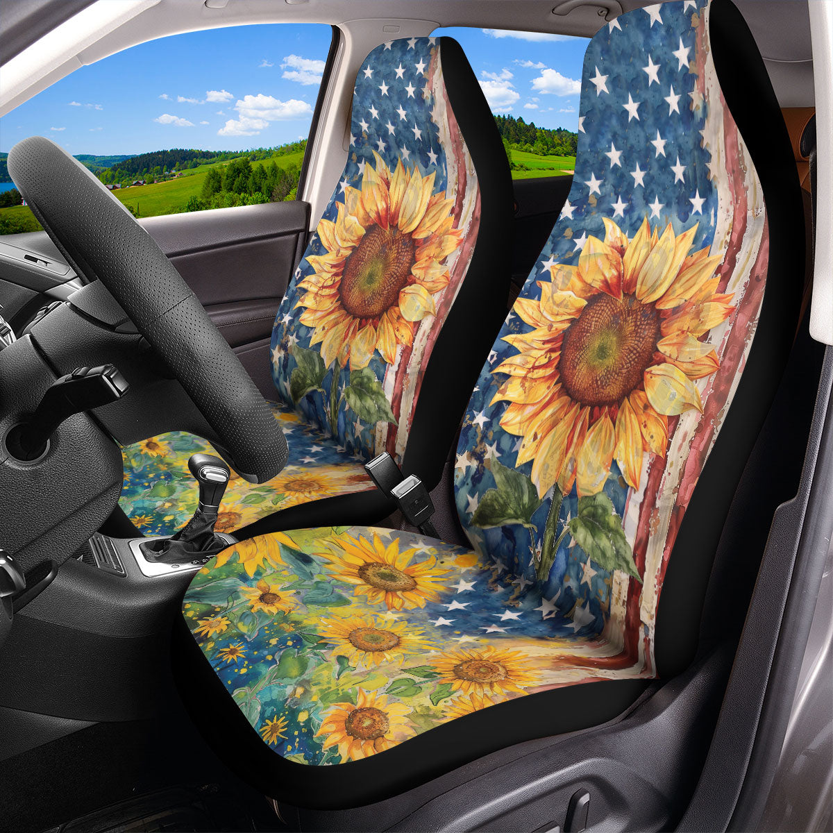 Teesdily | American Flag Sunflower Car Seat Cover, Independence Day Front Seat Cover, Sunflower Seat Protector, Car Accessories, Gift For Patriot