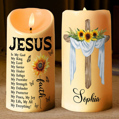 Teesdily | Personalized Jesus Is My God My King My Lord My Savior LED Candle, Jesus Christ Cross Sunflower Candle No Battery Gift