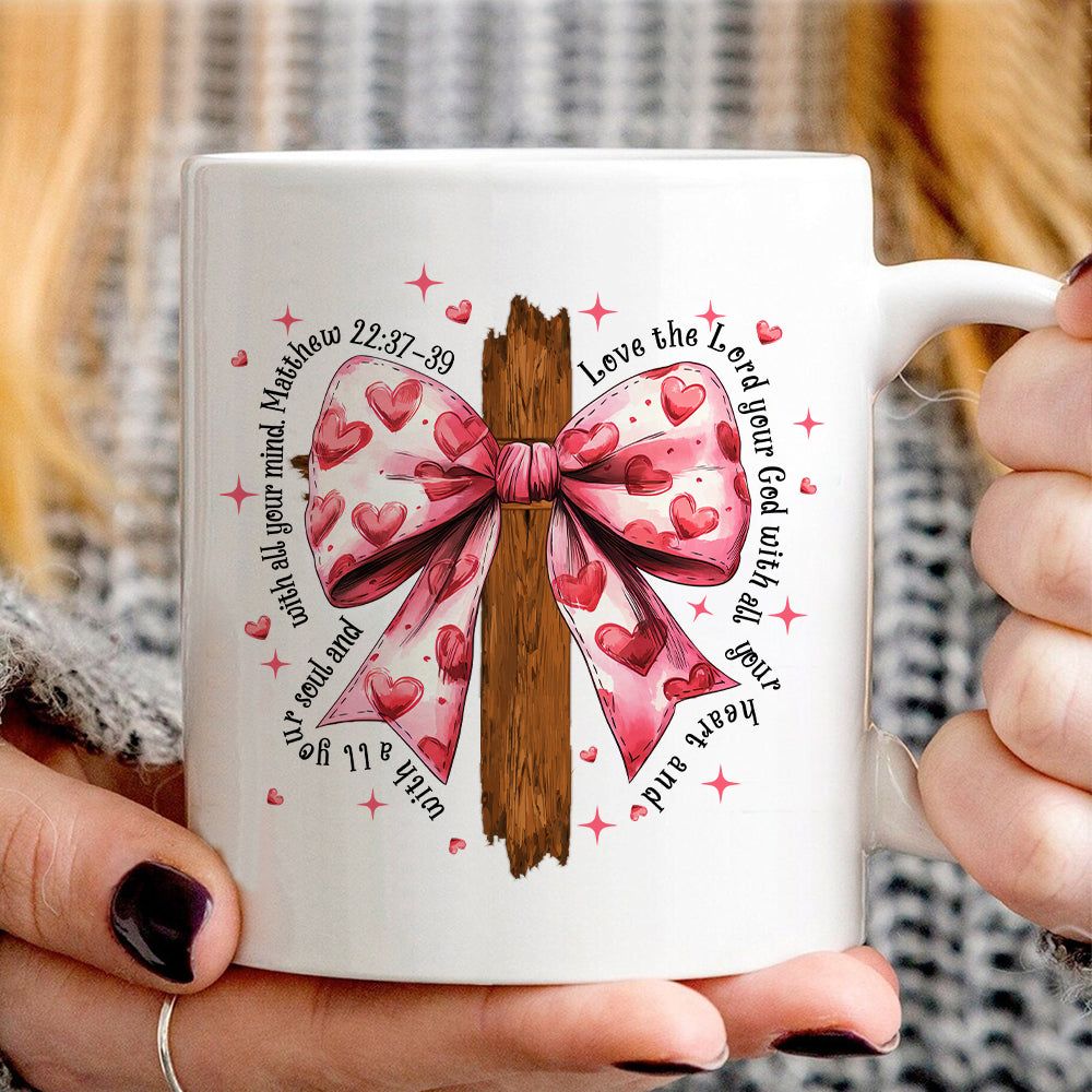 Teesdily | Jesus Cross Bow Shirt, Pink Bow Coquette Valentine Sweatshirt, Love The Lord Your God With All Your Heart Hoodie Mug