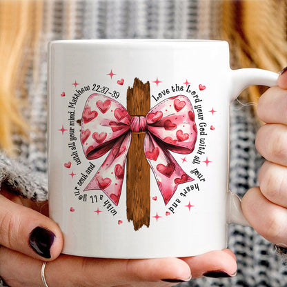 Teesdily | Jesus Cross Bow Shirt, Pink Bow Coquette Valentine Sweatshirt, Love The Lord Your God With All Your Heart Hoodie Mug