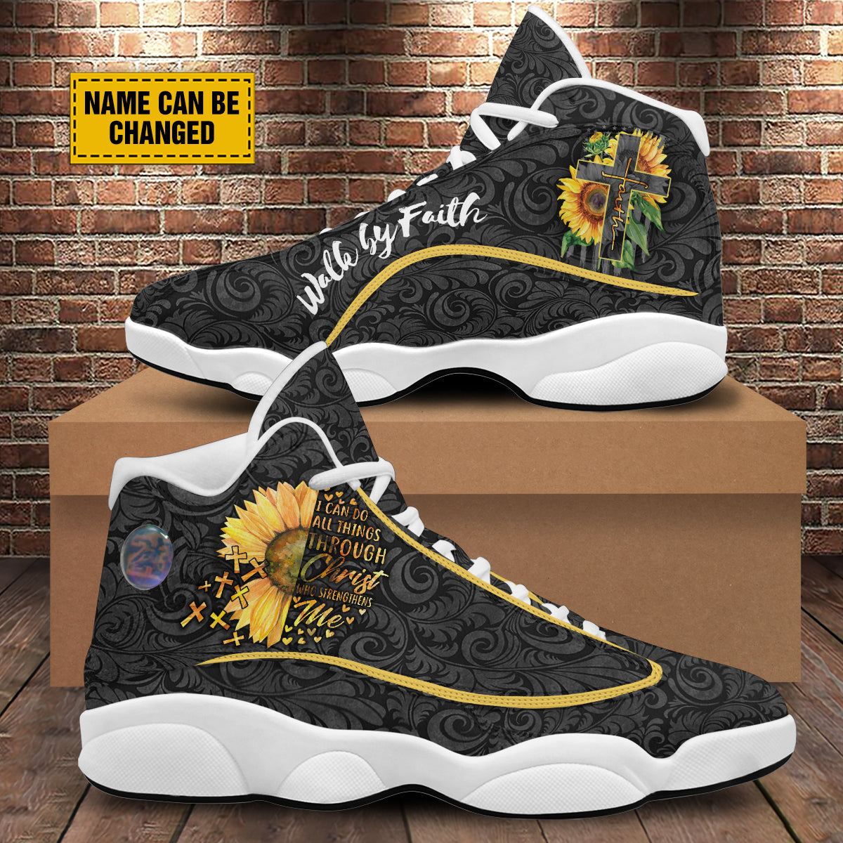 Teesdily | Sunflower Walk By Faith Personalized Basketball Shoes, I Can Do All Things Through Shoes With Thick Soles, Spiritual Gifts For Women