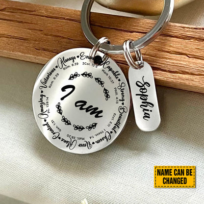 Teesdily | Customized Jesus Bible Verse Keychain, I Am Strong Beautiful Bible Verse Keychain, Jesus Lovers Gifts, Christian Inspiration Gifts