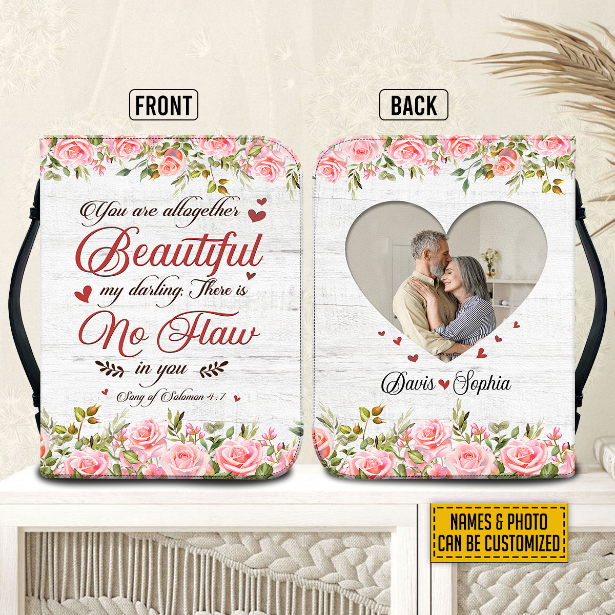 Teesdily | Christian Couple Customized Photo Bible Cover, You Are Altogether Beautiful Verse Bible Bags, Rose Vintage Bible Case, Wife Girlfriend Gift