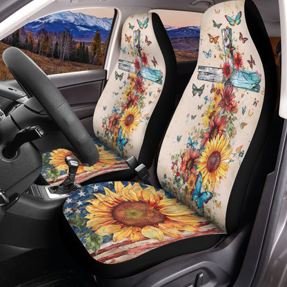 Teesdily | Jesus Cross Sunflower American Flag Car Seat Cover, Christ Butterfly Protector Seat Covers, Independence Day Gift, Car Decoration