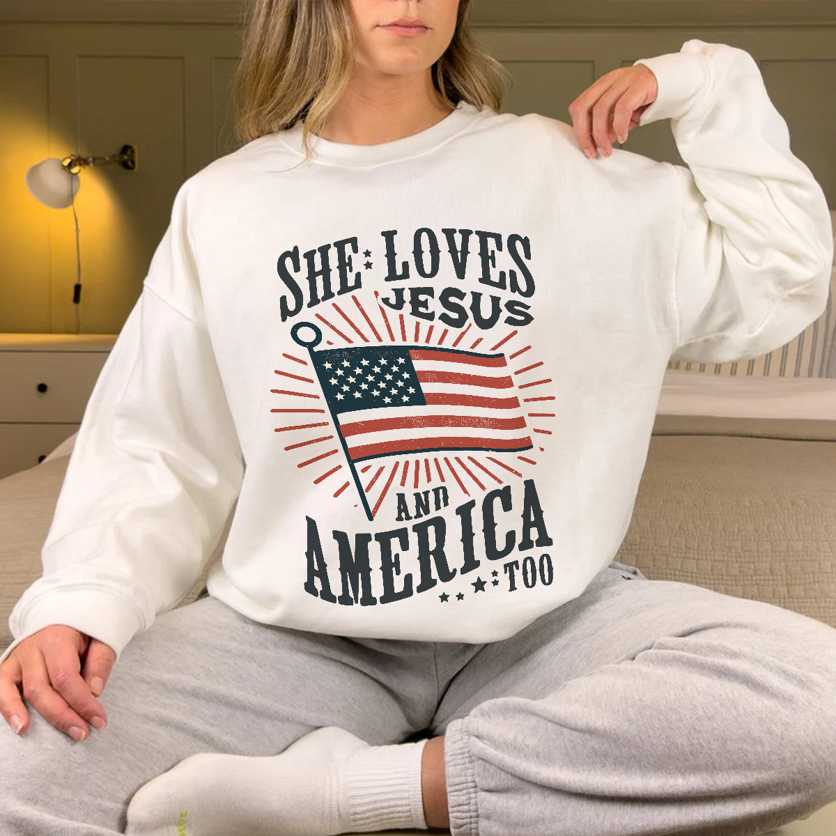 Teesdily | American Flag Tshirt, She Loves Jesus And America Too, Indepdence Day Sweatshirt Hoodie, Christian Gifts Mug