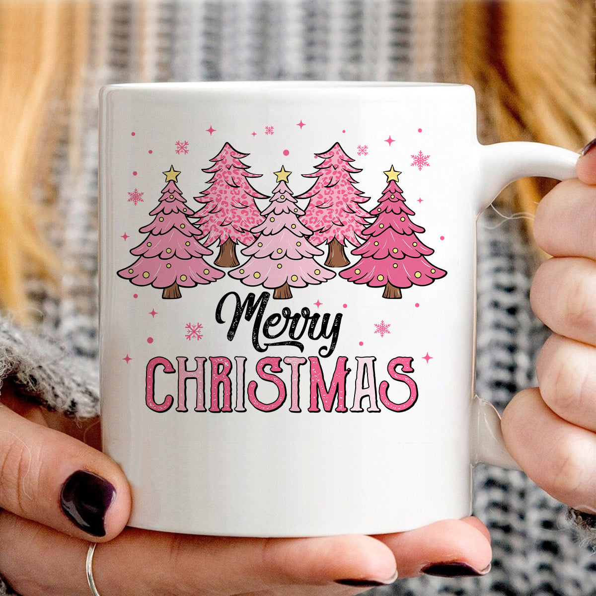 Teesdily | Merry Christmas Shirt, Pink Christmas Tree Sweatshirt, Christmas Vibes Sweater, Holiday Season Hoodie Mug Gift Mom