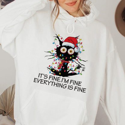 Teesdily | I'm Fine Everything Is Fine Sweatshirt, Christmas Black Cat Santa Shirt, Christmas Light Hoodie Mug, Cat Mom Lover Gift