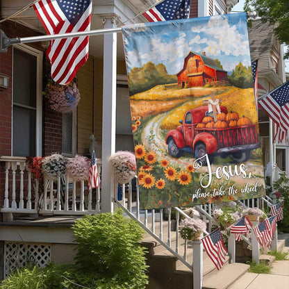 Teesdily | Jesus Take The Wheel House Flag, Jesus Christ Thanksgiving Garden Flag, Pumpkin Sunflower Autumn Flag, Farmhouse Seasonal Outdoor Decor