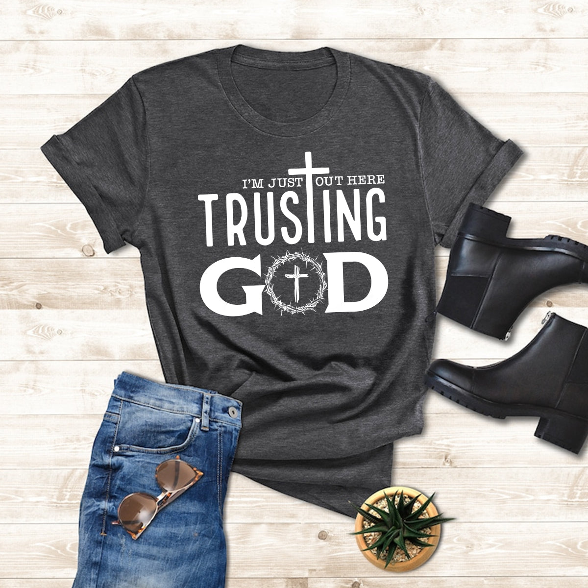 Teesdily | Jesus God Cross Crown Unisex Tshirt, I'm Just Out Here Trusting God Hoodie Sweatshirt Mug, God Believer Gift, Minimalist Streetwear Style