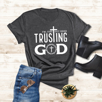 Teesdily | Jesus God Cross Crown Unisex Tshirt, I'm Just Out Here Trusting God Hoodie Sweatshirt Mug, God Believer Gift, Minimalist Streetwear Style