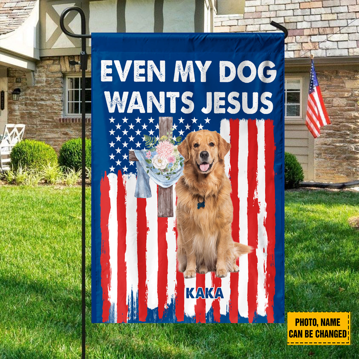 Teesdily | Customized Golden Retriever American Flag Home, Even My Dog Wants Jesus Garden Flag, Patriot 4th Of July House Flag Decor, Dog Lover Gift