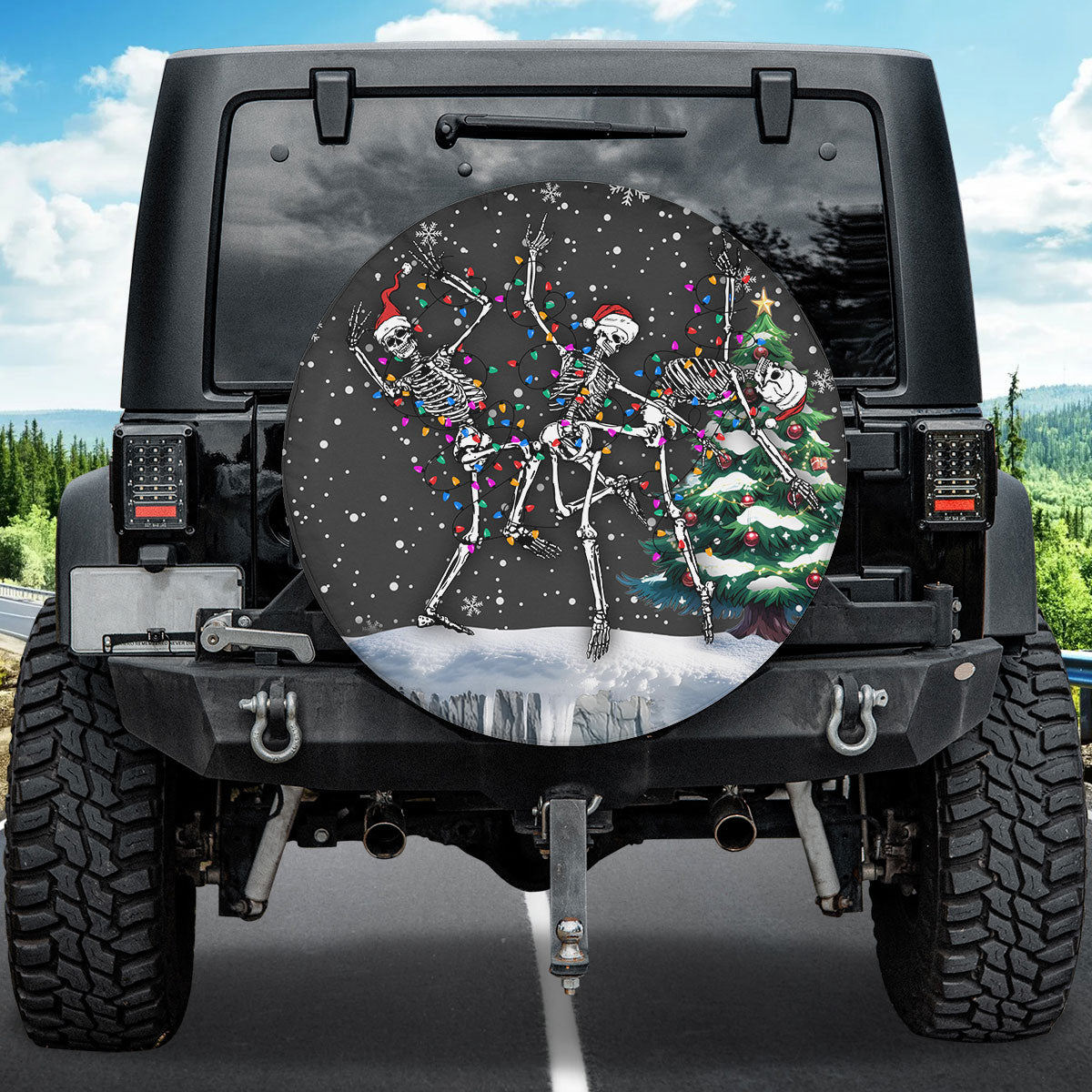 Teesdily | Funny Skeleton Dancing Car Spare Tire Cover, Christmas Tree Snowflake Car Wheel Cover, Skull Halloween Xmas Decor Holiday, Xmas Gift