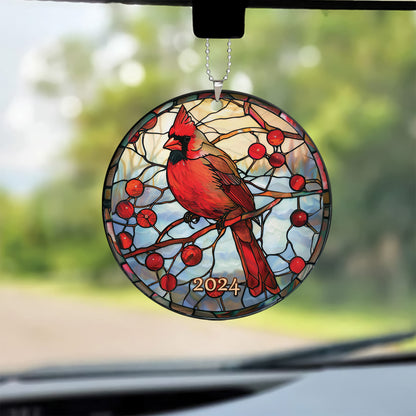 Teesdily | Christmas Cardinal Rearview Mirror Charms, Red Bird Stained Glass Print Rear View Mirror Hanging, Christmas Tree Decoration, Xmas Gifts