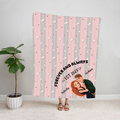 Teesdily | Couple Personalized Fleece Blanket, Valentine's Day Throw Blanket, Forever And Always, Love Anniversary Gifts, Custom Valentines Blanket