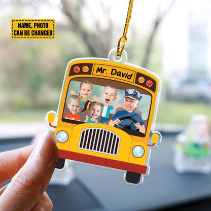 Teesdily | Customized School Bus Ornament With Face Photo, Bus Driver Ornament Plastic, School Bus Driver Car Hanger Acrylic Ornament, Gift For Kids