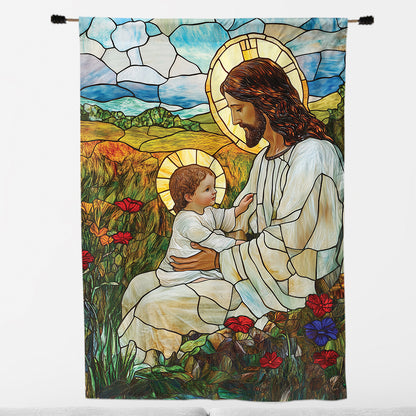 Teesdily | Jesus Blessing The Children Garden Flag, God With Children Flower Stained Glass Printed Flag Yard, Christmas House Flag