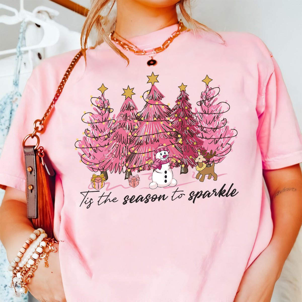 Teesdily | Pink Christmas Tree Snowman Christmas Shirt, Tis The Season To Sparkle Tee Sweatshirt Hoodie Mug, Christmas Gift