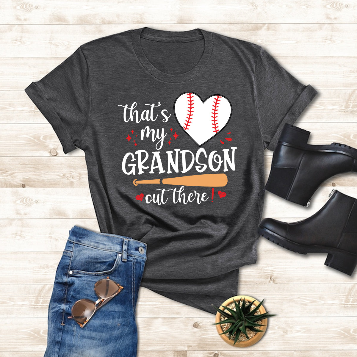 Teesdily | Baseball Grandma Shirt, That's My Grandson Out There Tops, Mothers Day Gift, Sporty Nana Streetwear Clothing Tshirt Hoodie Sweatshirt Mug