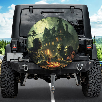 Teesdily | Halloween Monsters Eating Pizza Car Spare Tire Cover, Halloween Haunted House Wheel Cover, Halloween Decor Car Truck, Halloween Gift Dad