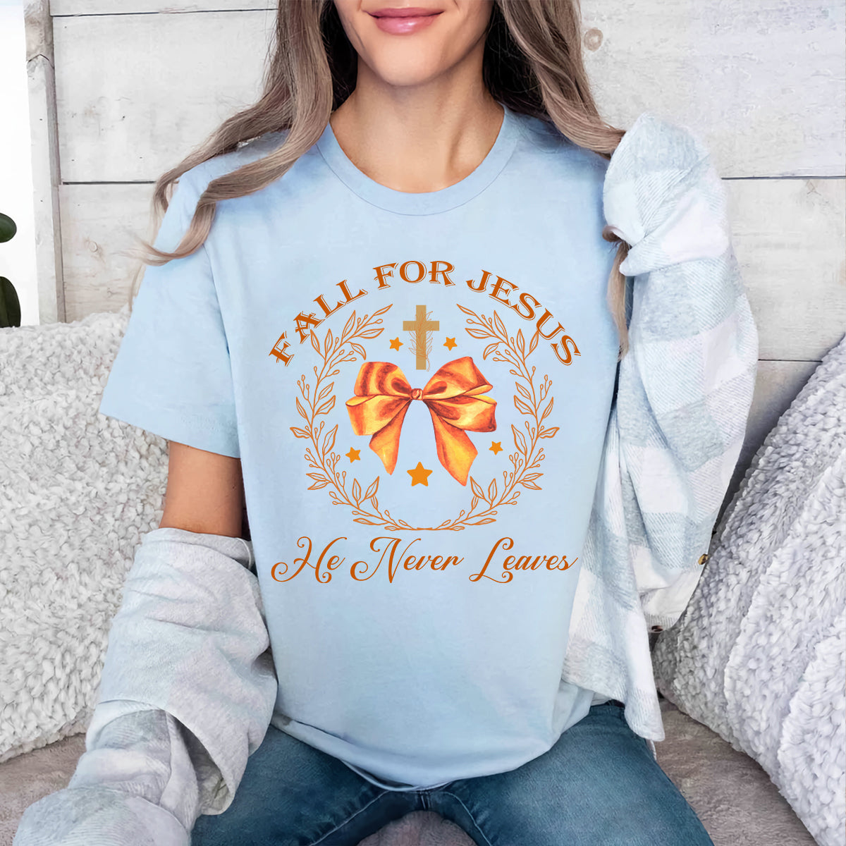 Teesdily | Jesus Thanksgiving Shirt, Fall For Jesus He Never Leaves Tee Sweatshirt Hoodie Mug, Christian Thanksgiving Gifts, Jesus Lovers Gifts