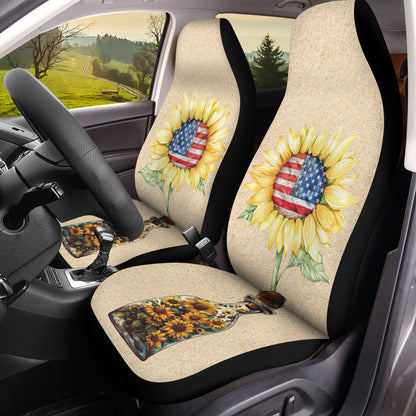 Teesdily | Sunflower Car Seat Cover, American Flag Front Vehicle Seat Cover, Sunflower Independence Day Seat Protector, 4th Of July Patriot Gift