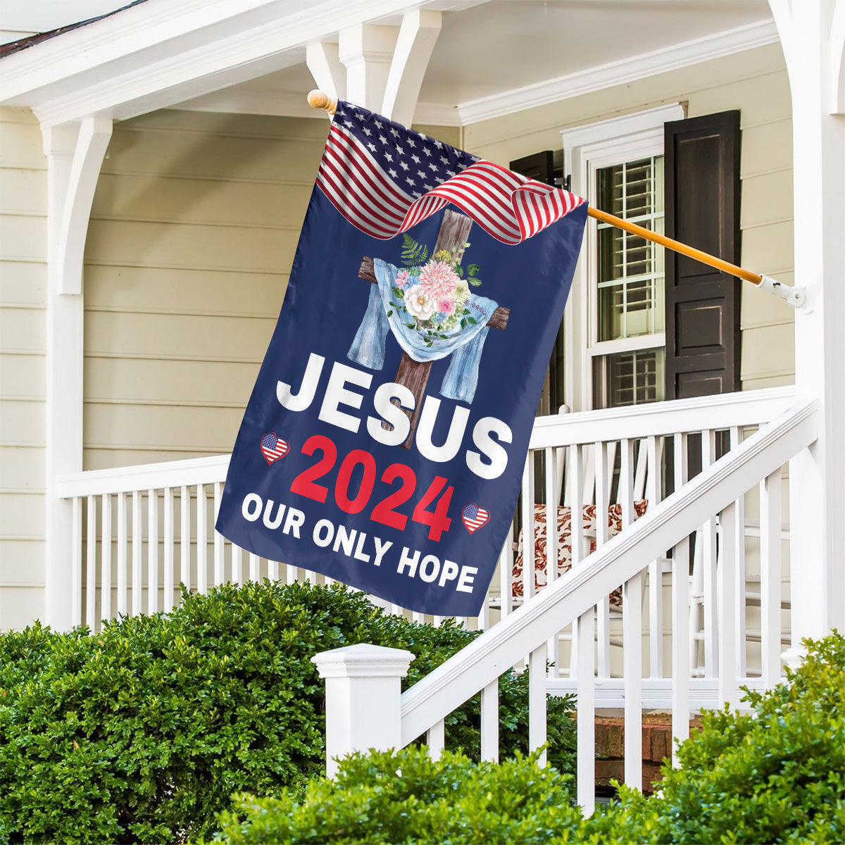 Teesdily | Jesus 2024 Our Only Hope Garden Flag, Christ Cross Flower American Flag, God Patriotic House Flag, Outdoor Yard Decor, Jesus Lovers Gift